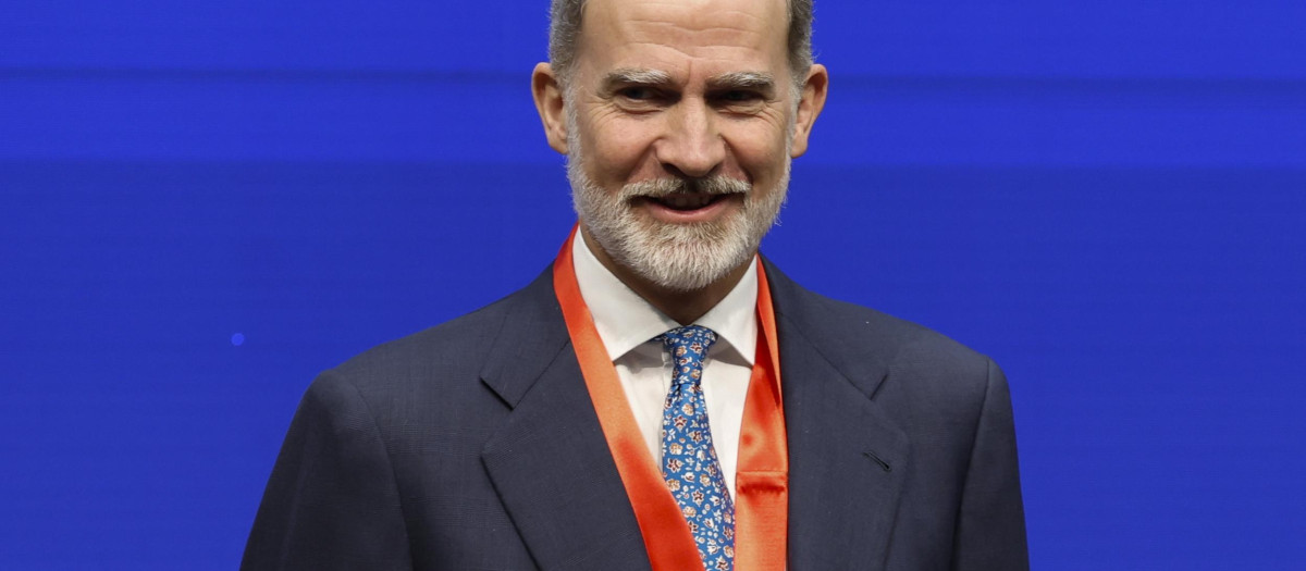 El rey Felipe VI sonríe tras recibir la medalla de honor de la Universidad Carlos III de manos del rector de la Universidad Carlos III, Ángel Arias - EFE