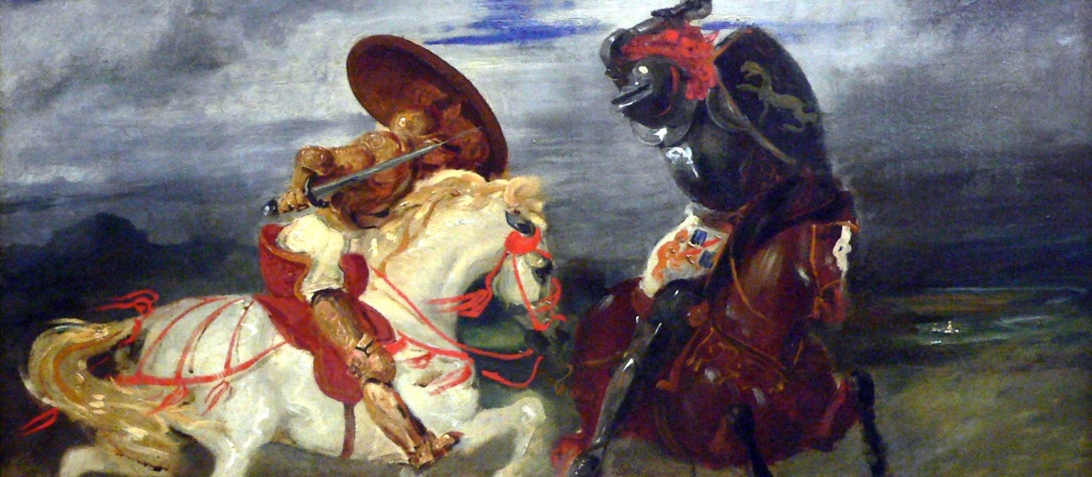Duelo de Caballeros, pintura de historia de época romántica (Eugène Delacroix, 1824)