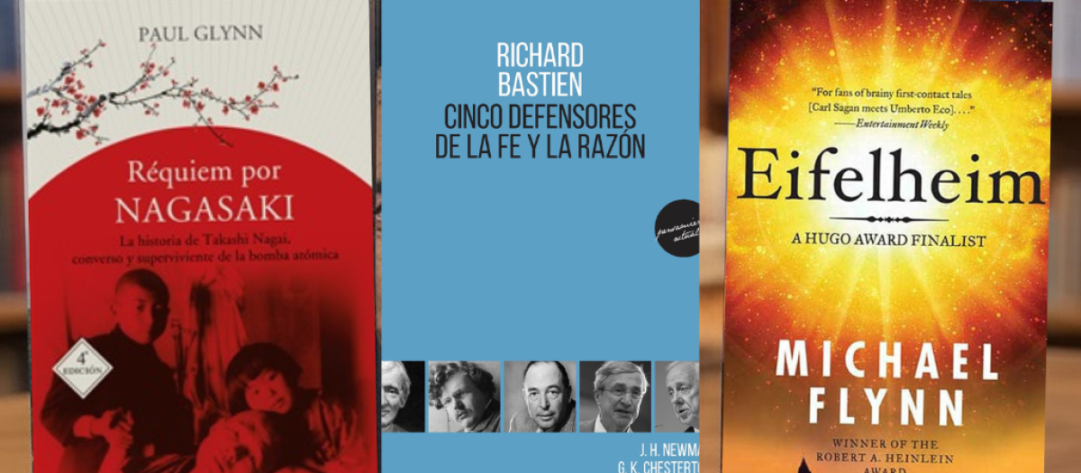 Collage de las portadas de Réquiem por Nagasaki, Cinco defensores de la fe y la razón y el clásico de novela fantástica Eifelheim
