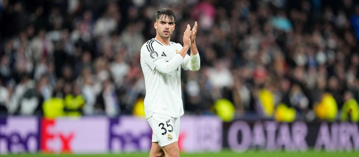Raúl Asencio, en un partido en el Bernabéu