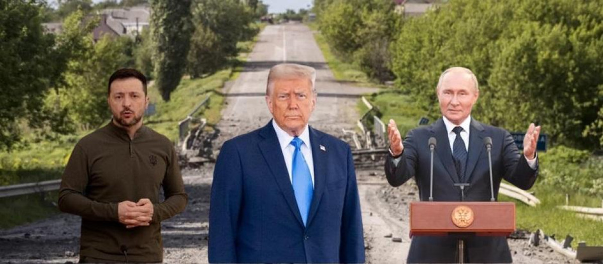 De izquierda a derecha, Volodimir Zelenski, Donald Trump y Vladimir Putin respectivamente