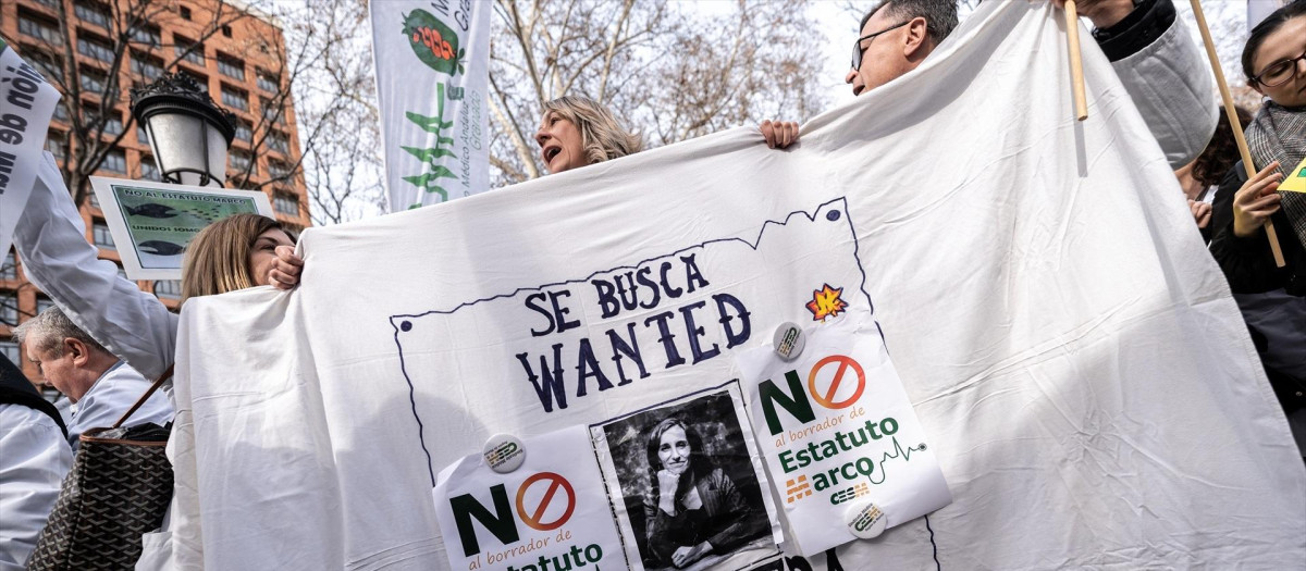 Cartel contra Mónica García durante la manifestación de médicos frente al Ministerio de Sanidad