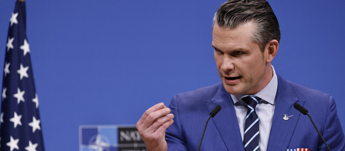 US Secretary of Defense Pete Hegseth gives a press conference following the meeting of The North Atlantic Treaty Organisation (NATO) Ministers of Defence at NATO Headquarters in Brussels, on February 13, 2025. (Photo by SIMON WOHLFAHRT / AFP)