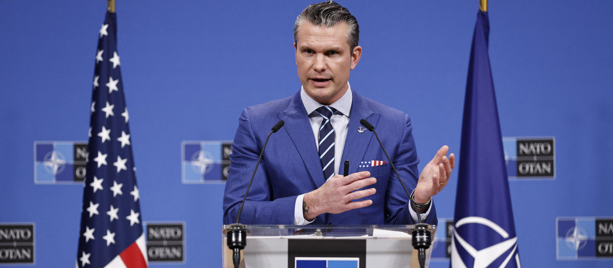 US Secretary of Defense Pete Hegseth gives a press conference following the meeting of The North Atlantic Treaty Organisation (NATO) Ministers of Defence at NATO Headquarters in Brussels, on February 13, 2025. (Photo by SIMON WOHLFAHRT / AFP)