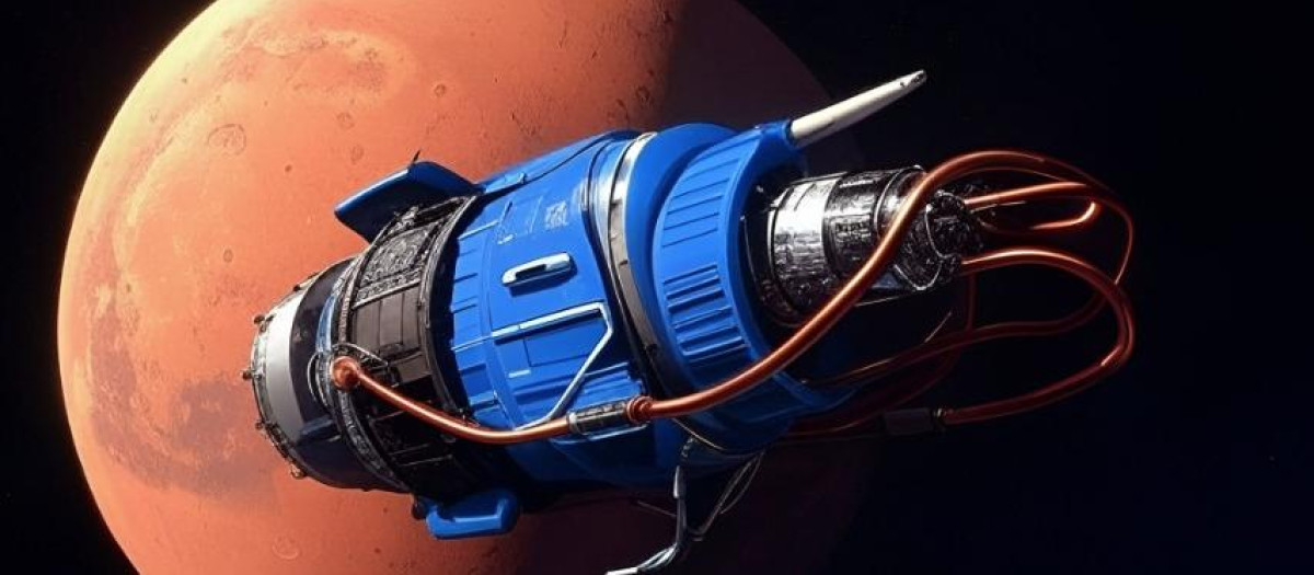 Ilustración de una nave llegando a Marte
