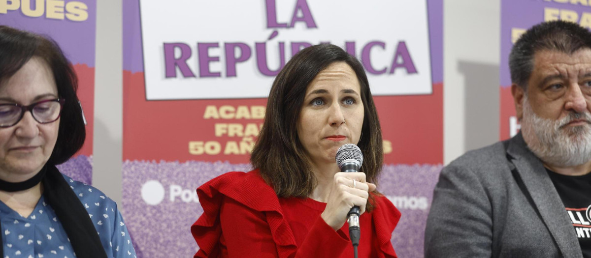La líder de Podemos, Ione Belarra, en el arranque de la gira 'Hacia la República, acabar con el franquismo 50 años después' en Madrid este sábado