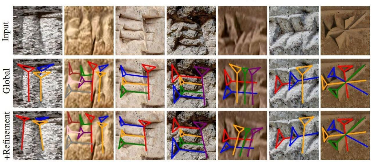 Resultados de muestra: alineación de los prototipos (primera fila) con las imágenes cuneiformes de destino (segunda fila). Los resultados se ilustran tanto después de la alineación global (tercera fila) como después del refinamiento (fila inferior)