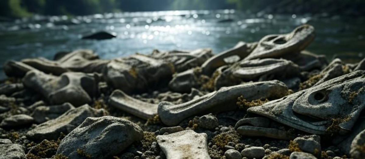 Ilustración de fósiles al lado de un río