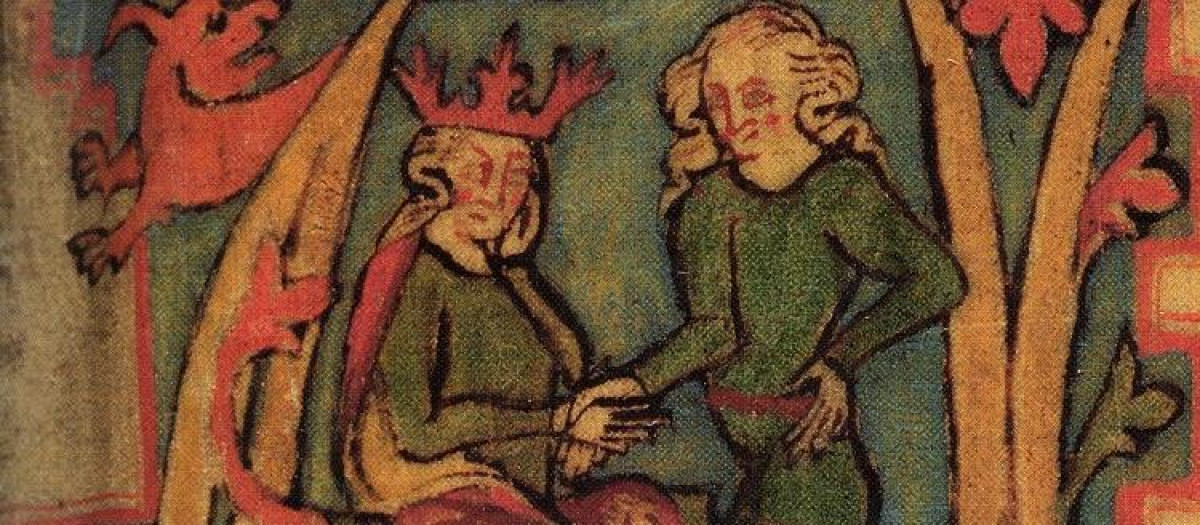 Imagen de un códice medieval que representa a los reyes noruegos que llevaron la lengua escandinava a las Orcadas y Shetland