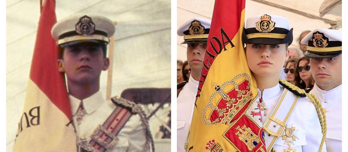 Don Felipe, en 1987, y Doña Leonor, este viernes, ambos a bordo del Elcano en Montevideo