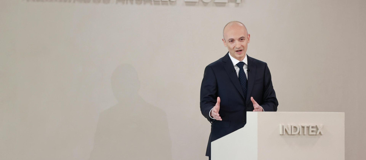 El consejero delegado de Inditex, Óscar García Maceiras, durante la comparecencia de prensa