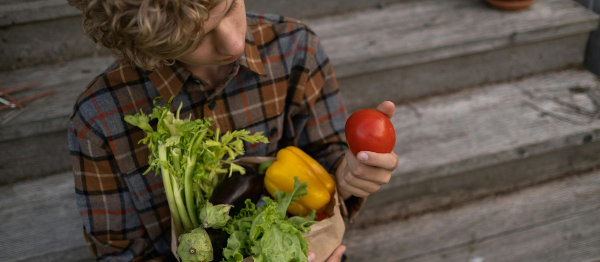 Un adolescente, con las verduras de la bolsa de la compra