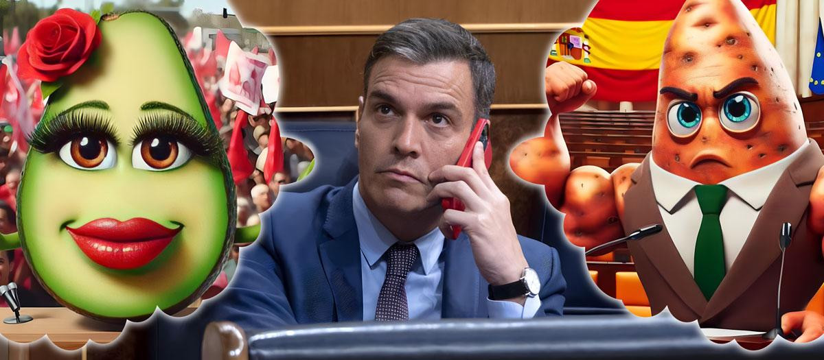 Montaje de Pedro Sánchez con personajes de un vídeo de los socialistas. El aguacate representa al PSOE y la patata a Vox