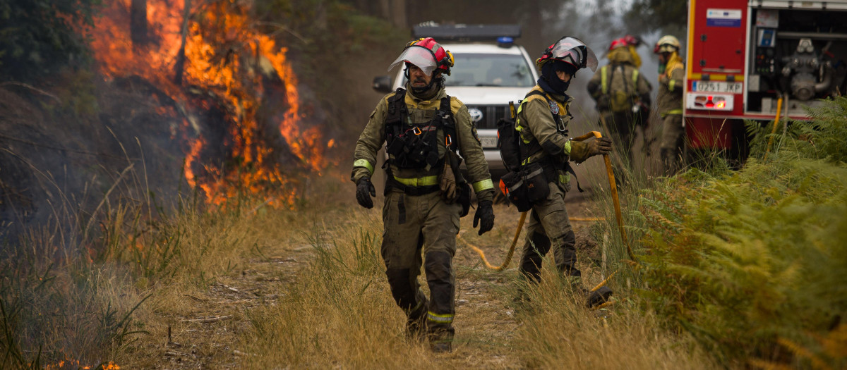 Agentes del equipo de Bomberos de Galicia trabajan durante un incendio forestal en Pontevedra