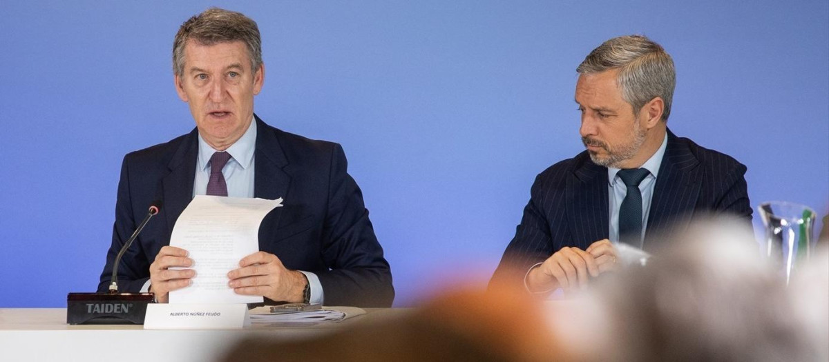 el presidente del Partido Popular, Alberto Núñez Feijóo y el vicesecretario de Economía del PP, Juan Bravo