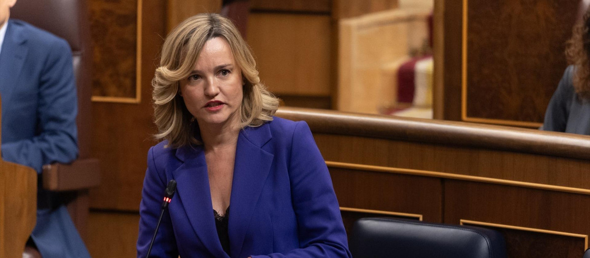 La ministra Portavoz, de Educación, Formación Profesional y Deporte, Pilar Alegría, interviene durante una sesión de control al Gobierno