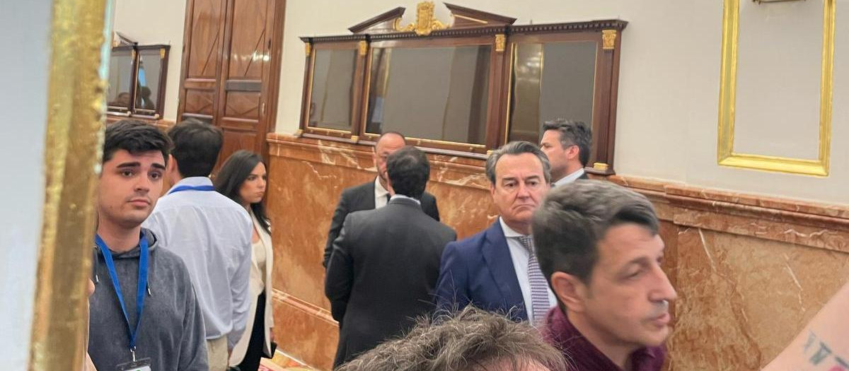 La portavoz y el secretario general del grupo de Vox en el Congreso junto a Rodríguez Gómez de Celis