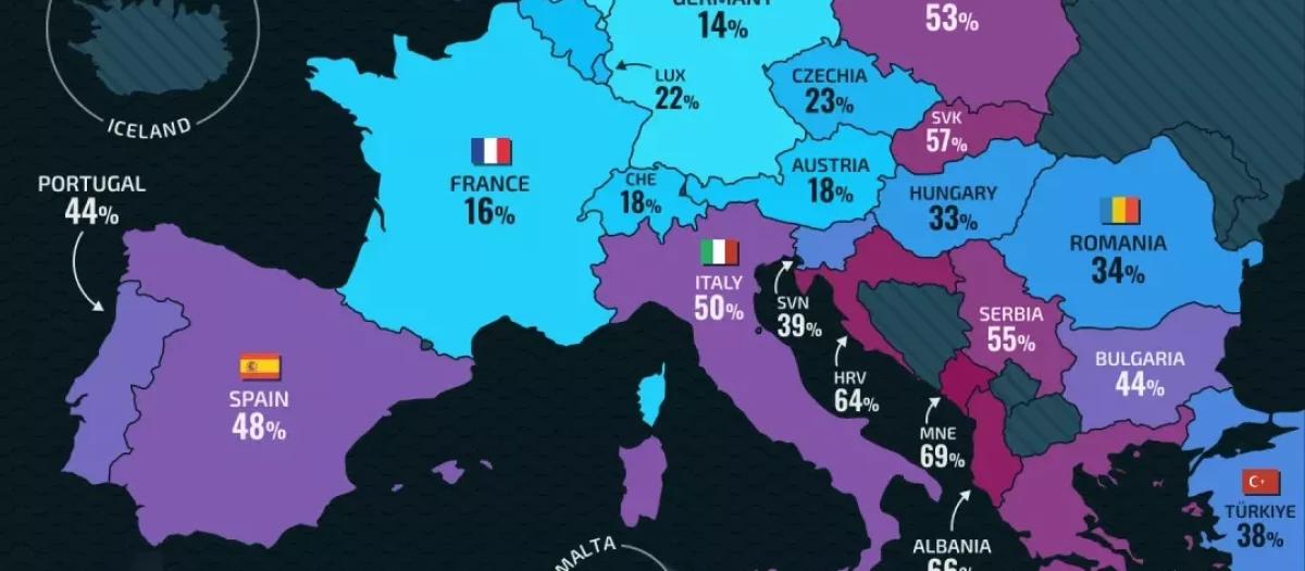 Mapa porcentaje de jóvenes que no se han emancipado en Europa
