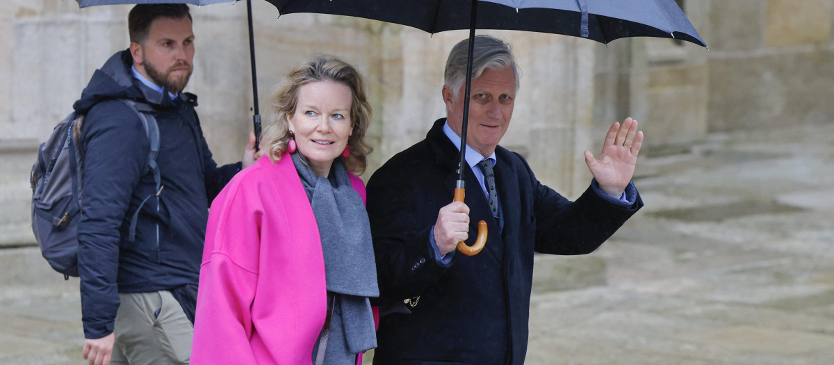 King Philippe and Queen Mathilde of Belgium, accompanied by three of their four children - Princes Gabriel and Manuel and Princess Leonor in Santiago de Compostela, in the cathedral, specifically at the Mass of the Lord's Supper in the cathedral