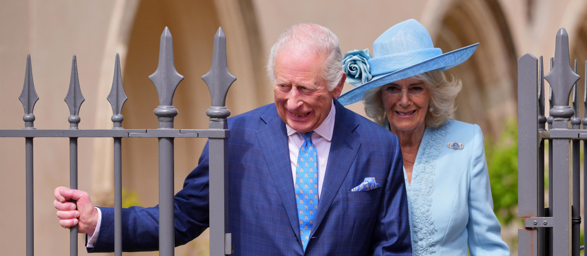 Britain's King Charles III and Britain's Queen Camilla leaves after attending the Easter Matins service at St George's Chapel at Windsor Castle, in Windsor on April 20, 2025. (Photo by Kirsty Wigglesworth / POOL / AFP)