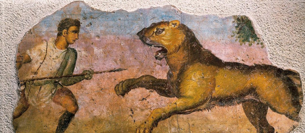 Fresco que representa a un gladiador luchando contra un león