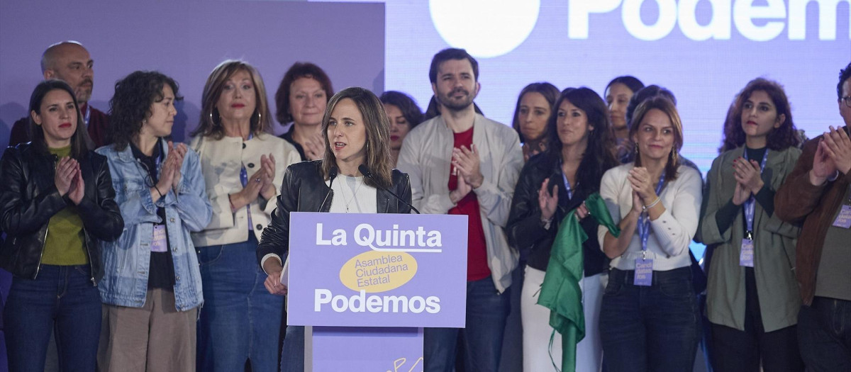 La secretaria general de Podemos y diputada, Ione Belarra, interviene durante la V Asamblea Ciudadana de Podemos