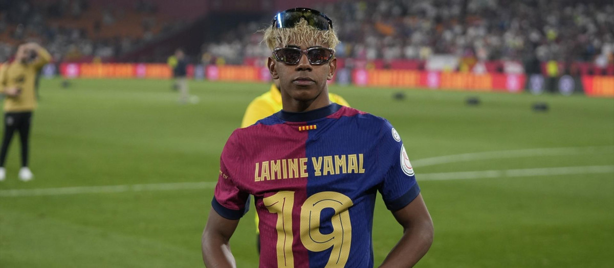 Lamine Yamal, durante los festejos de la Copa del Rey