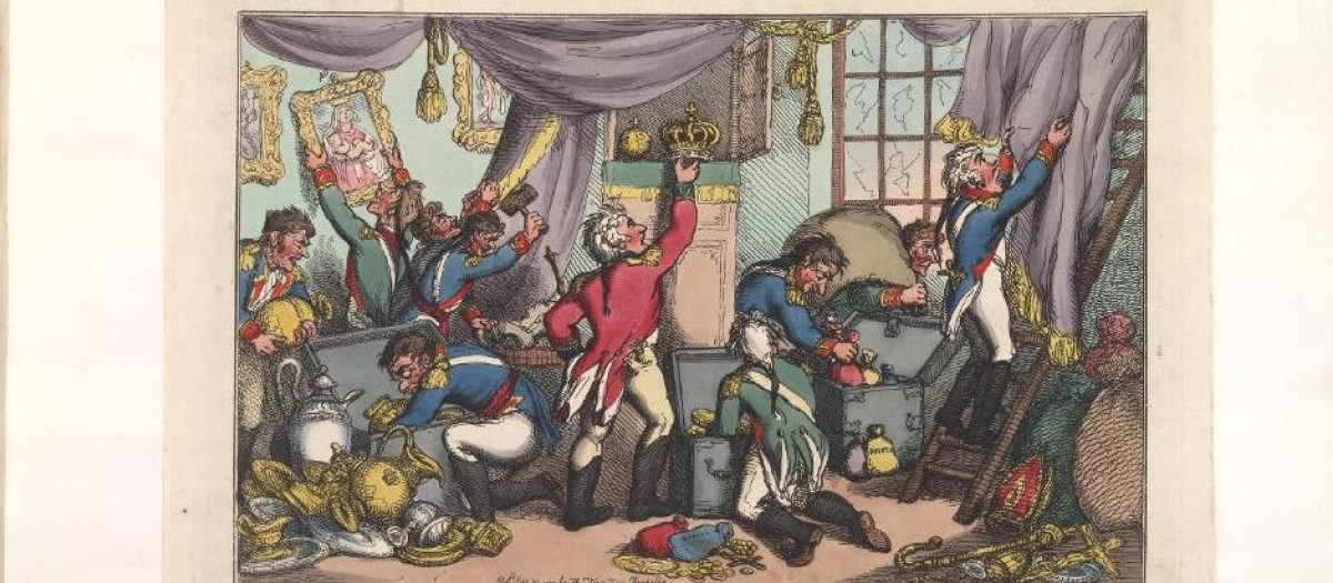 Caricatura inglesa que muestra a la camarilla de José Bonaparte saqueando los objetos de valor antes de abandonar Madrid en 1808