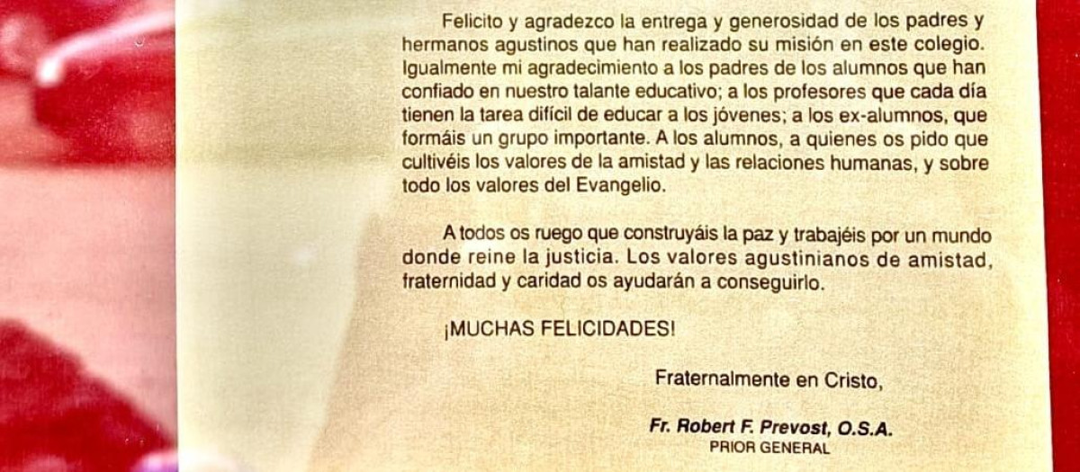 Imagen de la carta que el Papa León XIV envió a la Asociación de Antiguos Alumnos del colegio Agustinos de León