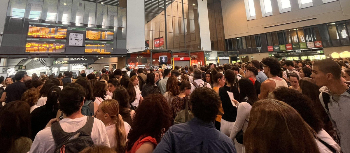 Viajeros aguardan información en la estación sevillana de Santa Justa