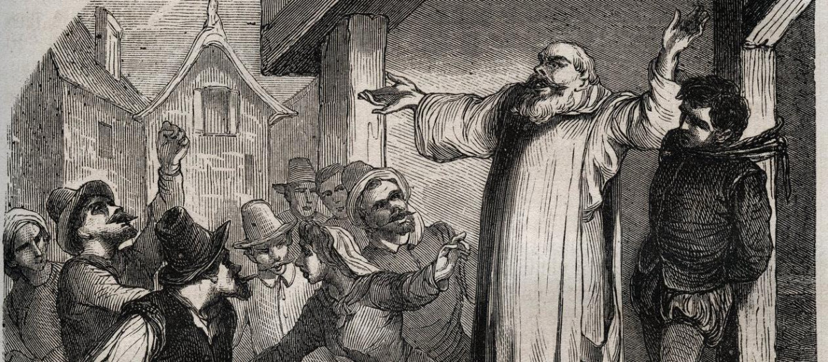 Arnaud du Tilh está atado a una horca y sometido a los insultos de la multitud antes de su ejecución por usurpar la identidad de Martin Guerre