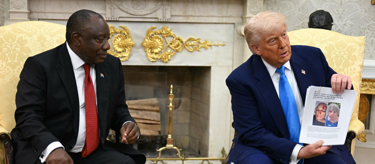 El presidente estadounidense Donald Trump muestra una fotografía de su reunión con el presidente sudafricano Cyril Ramaphosa en la Oficina Oval de la Casa Blanca en Washington, D.C.