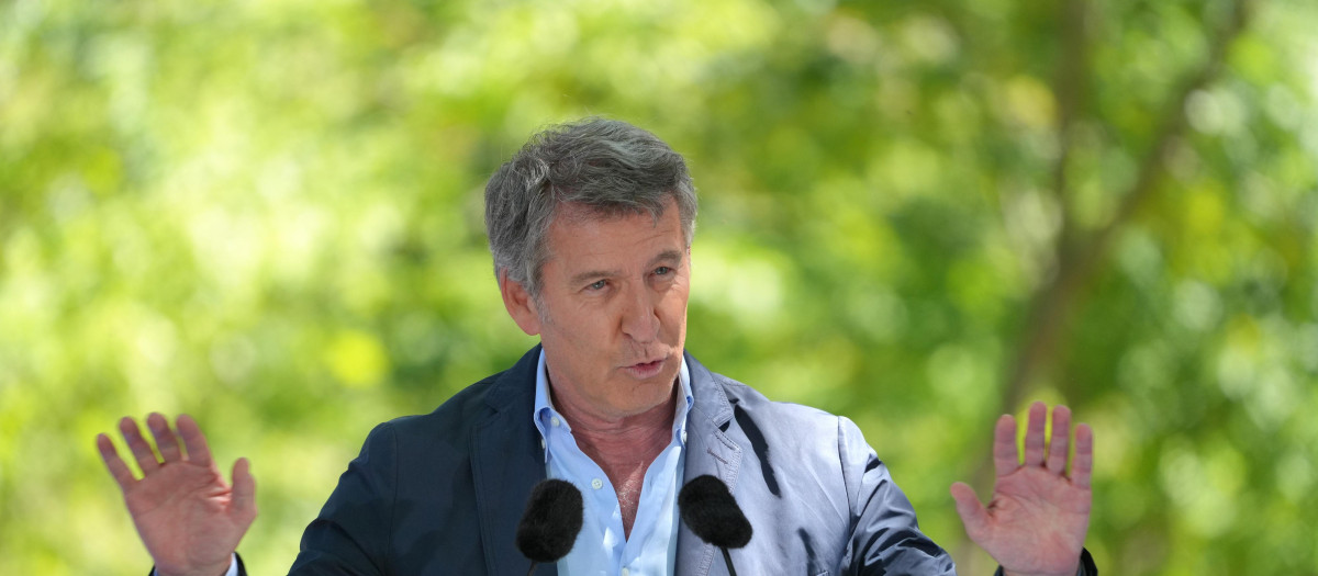 El presidente del Partido Popular, Alberto Núñez Feijóo, interviene durante la romería que organiza el PP provincial de A Coruña