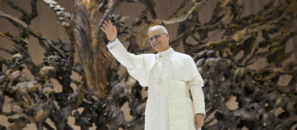 This handout made available by The Vatican Media on May 24, 2025, shows Pope Leo XIV greeting the Roman Curia and Vatican employees, at the Aula Paolo VI (Paul VI Audience Hall), in The Vatican. Pope Leo XIV took his message of building bridges and promoting dialogue to the Roman Curia on May 24, in his first audience with members of the Catholic Church's governing body. (Photo by Simone Risoluti / VATICAN MEDIA / AFP) / RESTRICTED TO EDITORIAL USE - MANDATORY CREDIT "AFP PHOTO / VATICAN MEDIA" - NO MARKETING - NO ADVERTISING CAMPAIGNS - DISTRIBUTED AS A SERVICE TO CLIENTS