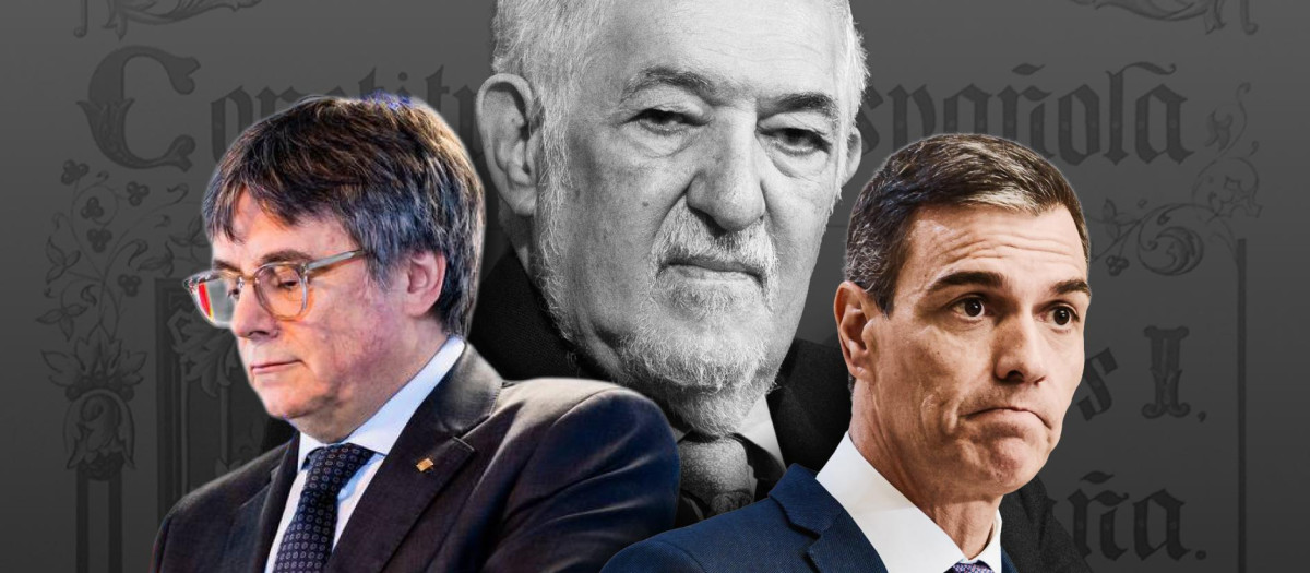 Carles Puigdemont (izquierda), Cándido Conde-Pumpido (centro), Pedro Sánchez (derecha), en un diseño de El Debate