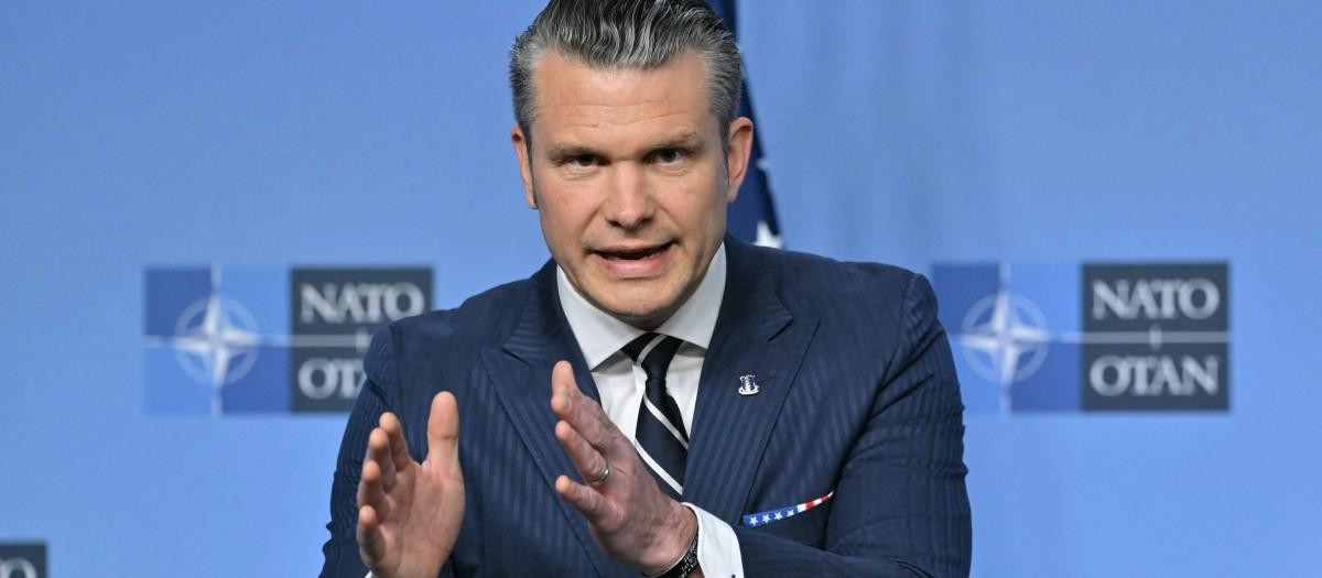 US Secretary of Defence Pete Hegseth speaks as he delivers remarks with NATO Secretary General before a Defence Ministers meeting at the NATO headquarters, in Brussels, on June 5, 2025. (Photo by NICOLAS TUCAT / AFP)