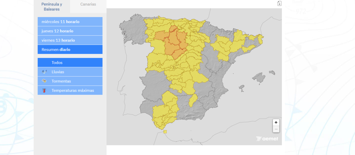 Mapa de avisos de la Aemet