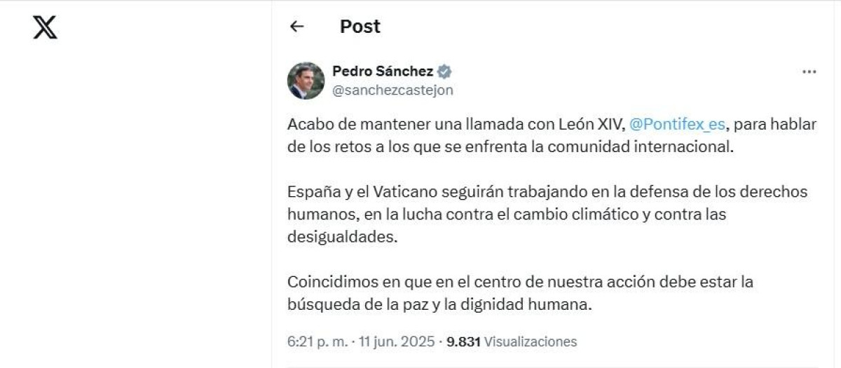 Pedro Sánchez ha dado a conocer la llamada en su cuenta de X