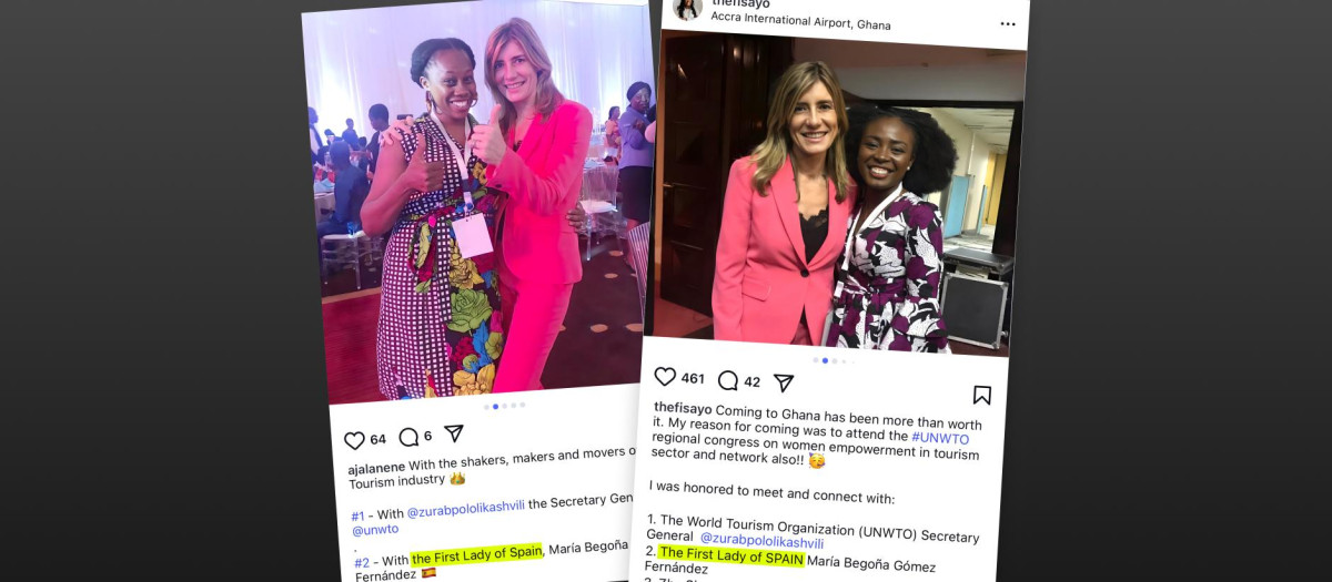 Imágenes de Begoña Gómez con dos influencers africanas, en noviembre de 2019