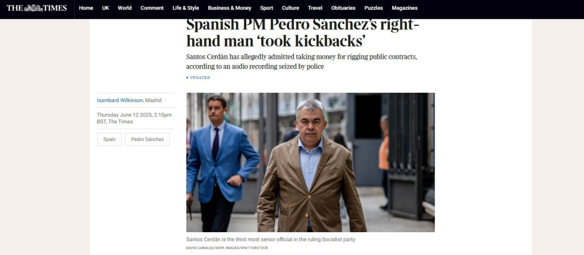 Noticia de 'The Times' sobre la corrupción de Santos cerdán