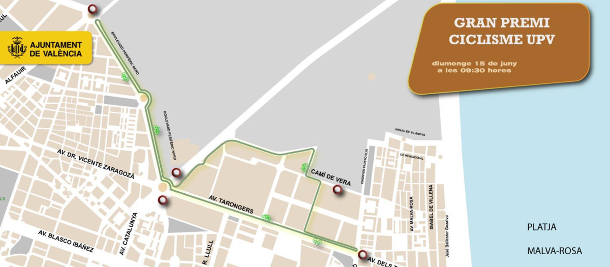 Imagen del mapa con las calles cortadas al tráfico por el Gran Premio de Ciclismo