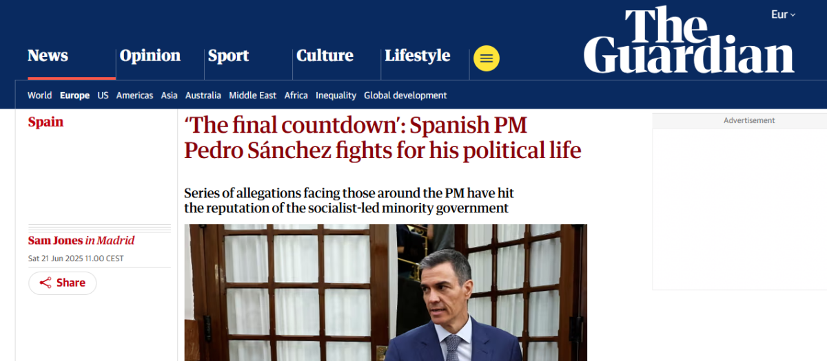 Captura de la noticia de 'The Guardian' en la que se hace eco de la situación que atraviesa el Gobierno de Pedro Sánchez