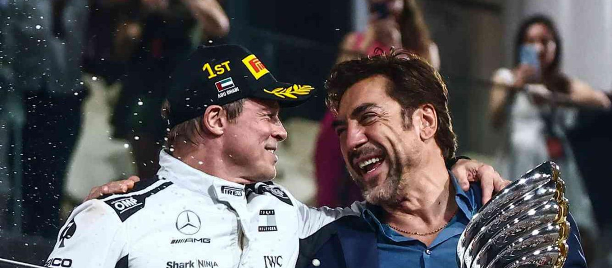 Brad Pitt y Javier Bardem, durante el rodaje de F1: La película
