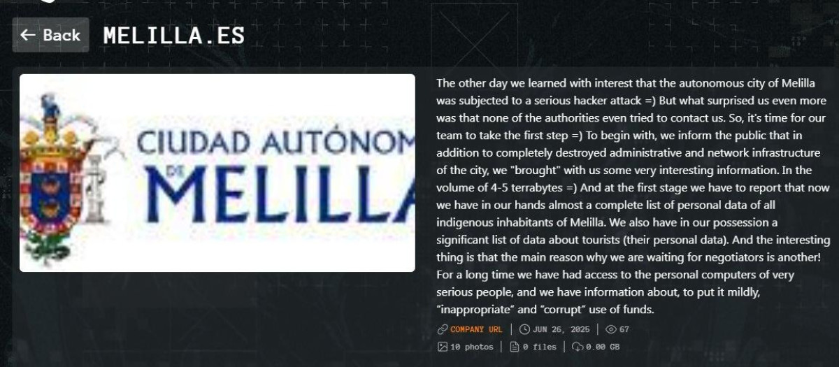el grupo ransomware Qilin se ha atribuido la responsabilidad del ciberataque contra la ciudad de Melilla