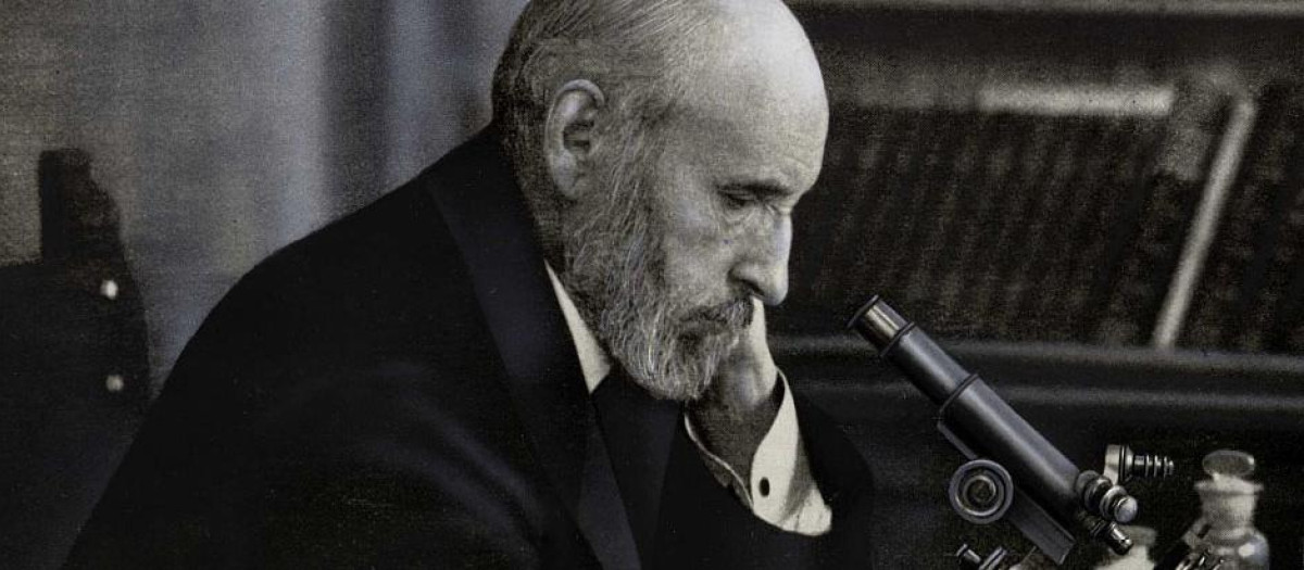 Detalle de fotografía Santiago Ramón y Cajal ante el microscopio en su laboratorio particular, 1930