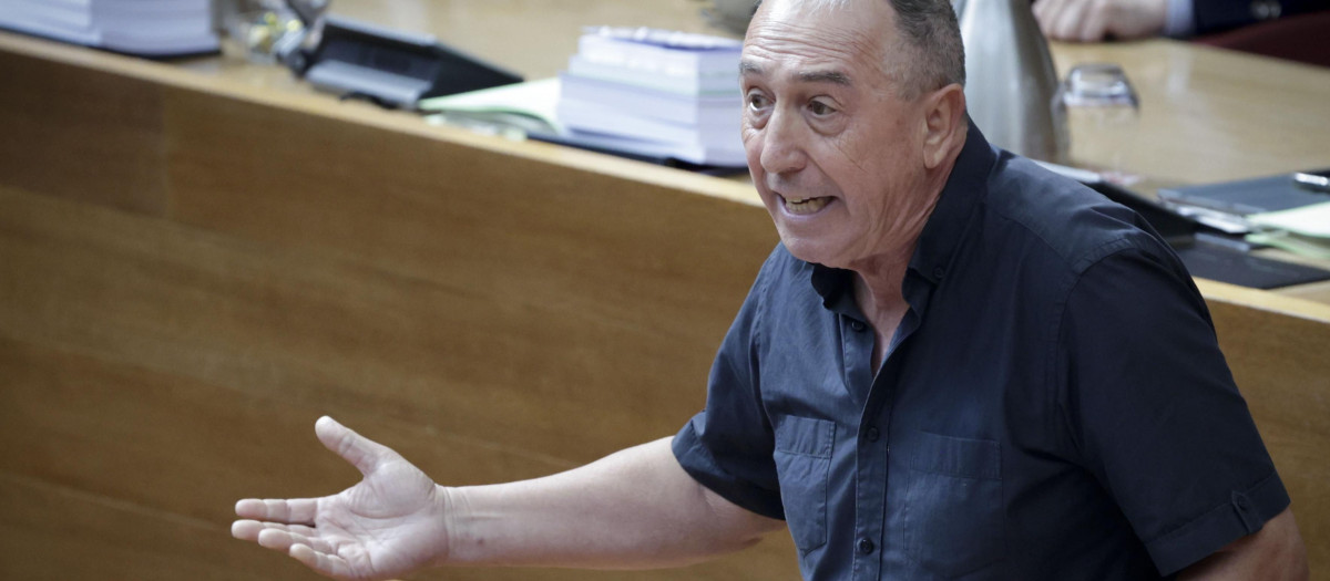 Imagen de este jueves de Joan Baldoví durante la sesión de control a Carlos Mazón en las Cortes Valencianas