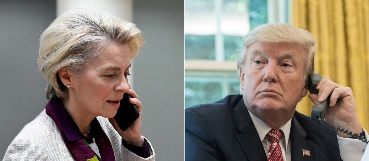 La presidenta de la Comisión Europea, Ursula von der Leyen, hablando por teléfono a su llegada a una cumbre de la UE, en la sede de la UE en Bruselas, el 24 de marzo de 2023; y (D) El presidente de Estados Unidos, Donald Trump,