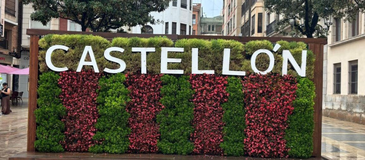 Imagen del mosaico floral situado en la plaza del Ayuntamiento de Castellón donde aparece el topónimo en valenciano y castellano
