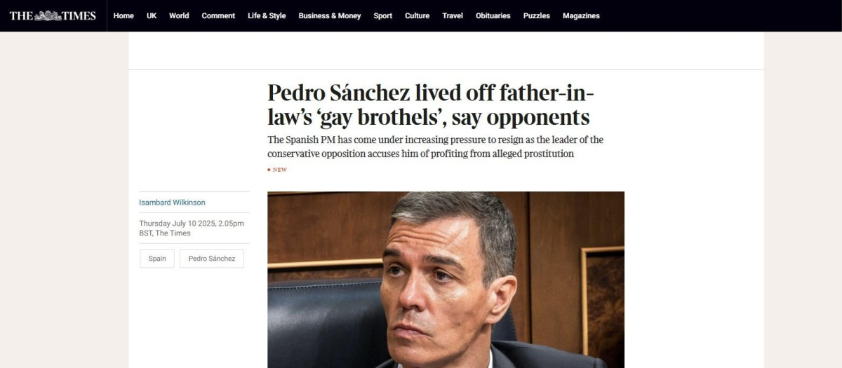 Titular del diario 'The Times' de este jueves sobre Pedro Sánchez