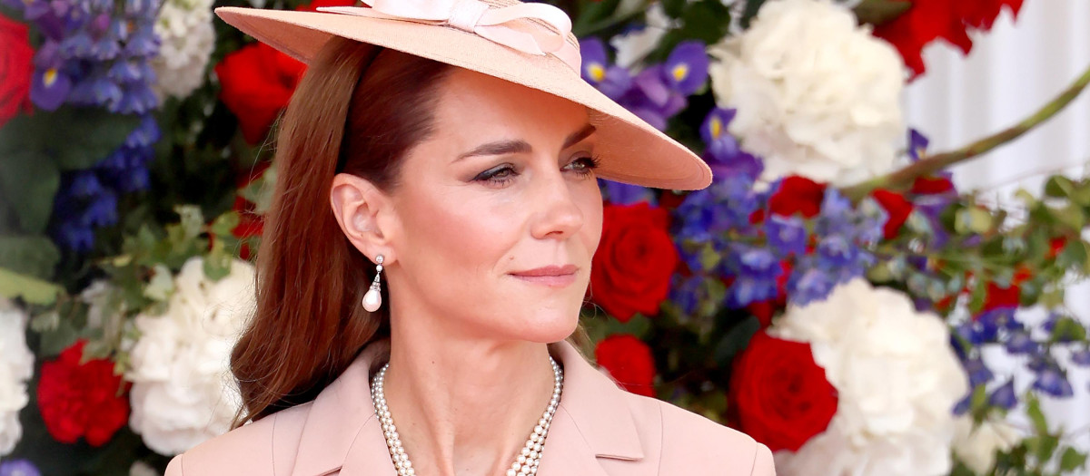 The Princess of Wales awaits the arrival of the President of France Emmanuel Macron and his wife Brigitte Macron at Datchet Road in Windsor, Berkshire, on day one of the French President's state visit to the UK. Picture date: Tuesday July 8, 2025. *** Local Caption *** .